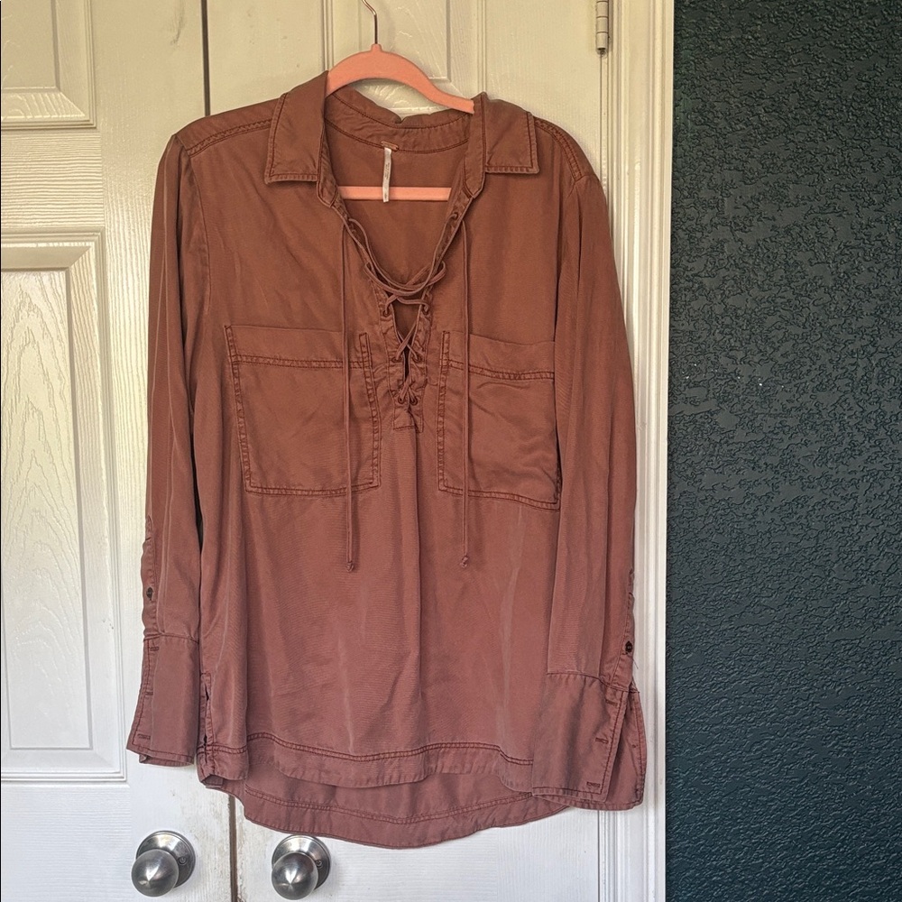 Free People Rust Lace-Up Blouse